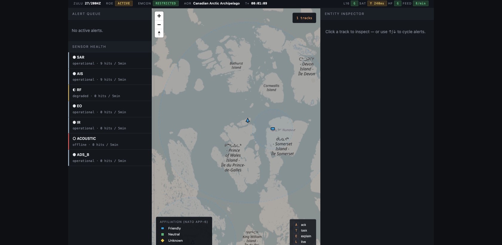Arctic common operating picture with tracked entities and uncertainty rendered on the map